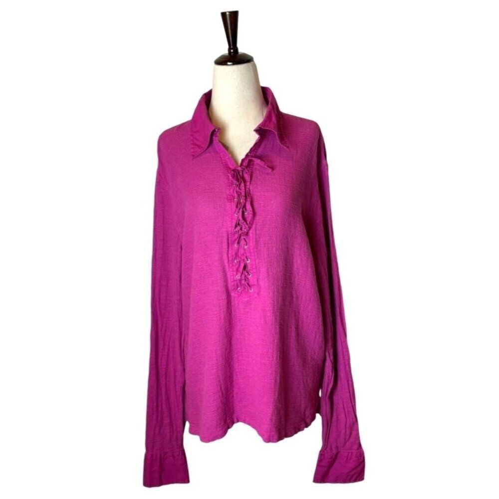 J Lindeberg Shirt Women XL Pink Textured Cotton Collared Lace Up‎ Front Top